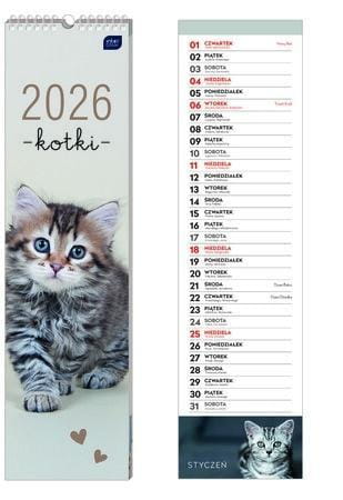 Kalendarz 2026 paskowy 13,5x50cm Koty