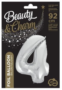 BALON FOLIOWY CYFRA 4 BEAUTY&CHARM SREBRNA 92CM