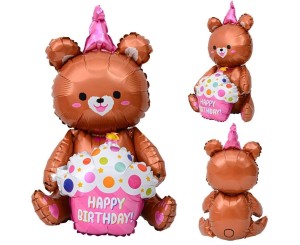 BALON FOLIOWY MIŚ Z TORTEM URODZINOWYM 58X42CM