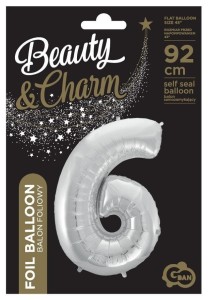 BALON FOLIOWY CYFRA 6 BEAUTY&CHARM SREBRNA 92CM