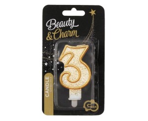 ŚWIECZKA CYFRA 3 URODZINY, ZŁOTY KONTUR