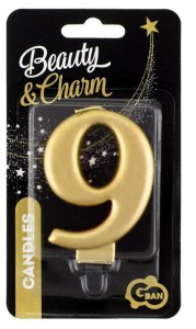 ŚWIECZKA CYFERKA 9 BEAUTY&CHARM METALIK ZŁOTA 8CM