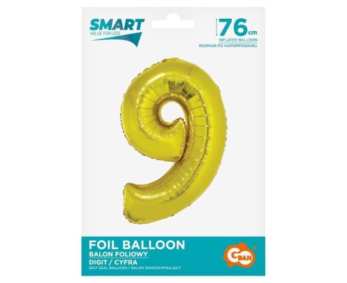 Balon foliowy cyfra 9 złota Smart 76cm