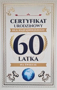 KARNET CERTYFIKAT URODZINOWY 60 URODZINY MĘSKIE