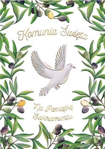 Karnet A5 Komunia. Gołąb z oliwkami