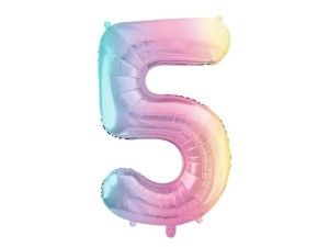 BALON FOLIOWY CYFRA 5 PASTELOWY TĘCZOWY 86CM