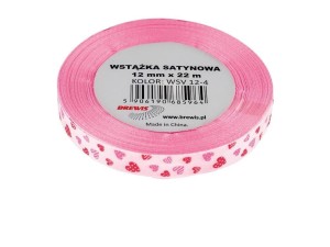 WSTĄŻKA SATYNOWA SERCA RÓŻOWA 12MMX22M