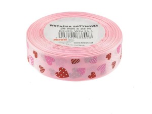 WSTĄŻKA SATYNOWA W SERCA RÓŻOWA 25MMX22M