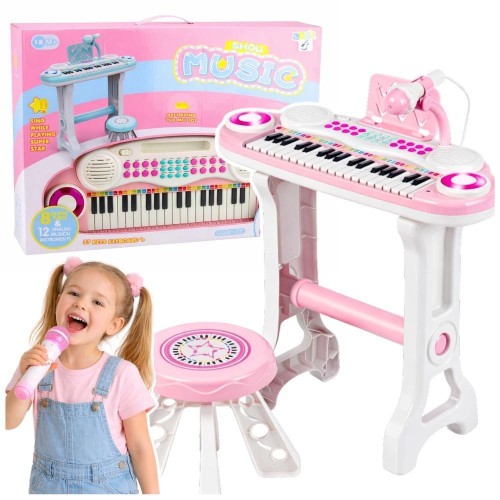 Pianinko elektroniczne + stołek i mikrofon różowe