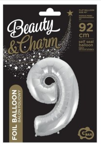 BALON FOLIOWY CYFRA 9 BEAUTY&CHARM SREBRNA 92CM